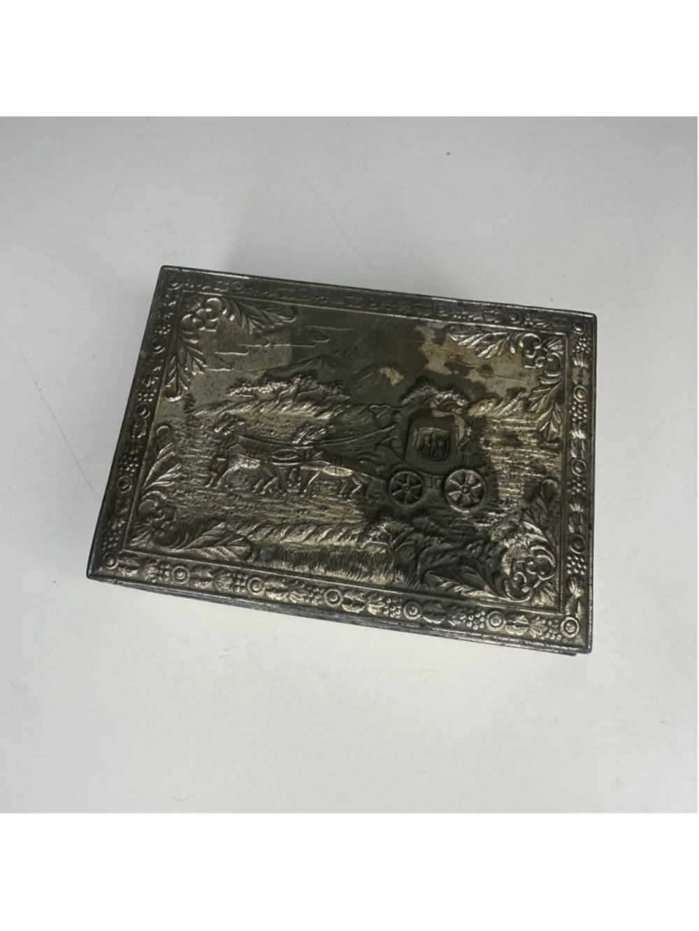 Vintage Embossed Metal & Wood Horse & Carriage Trinket / Cigarette Box (Japan)